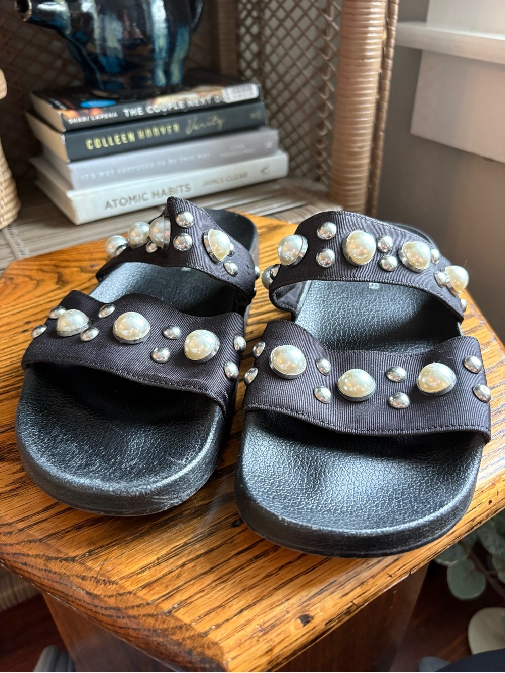 Steve Madden Black Pearl-Embellished Sandals